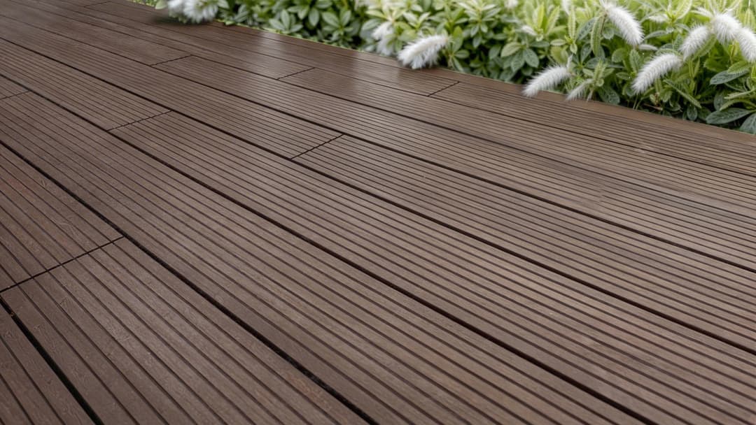 Gros plan de planches de terrasse en bambou nervurées Gros plan de planches de terrasse en bambou nervurées