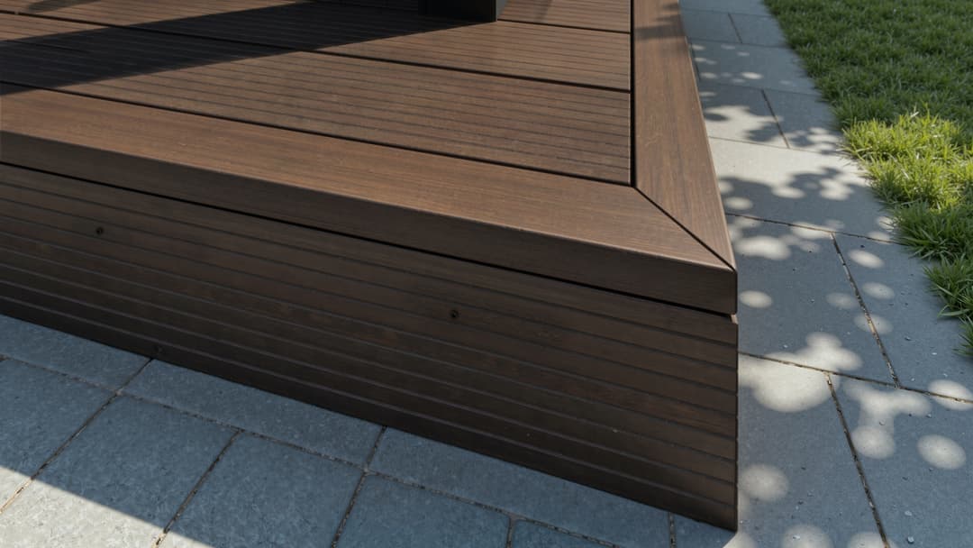 Finition d'une terrasse en bambou surélevée avec plinthe Finition d'une terrasse en bambou surélevée avec plinthe