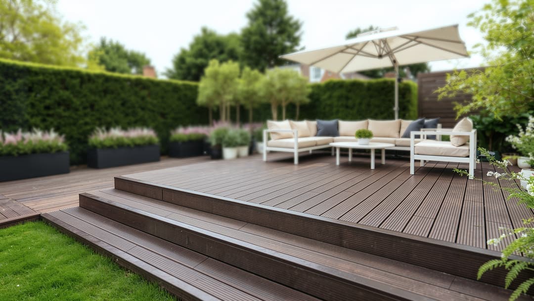 Terrasse en bambou surélevée avec ensemble lounge dans le jardin Terrasse en bambou surélevée avec ensemble lounge dans le jardin