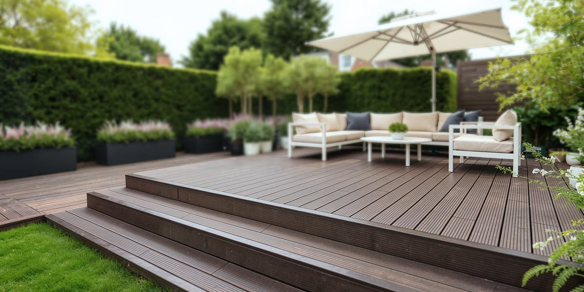 Bamboe vlonder als verhoogd tuinterras met loungeset en parasol