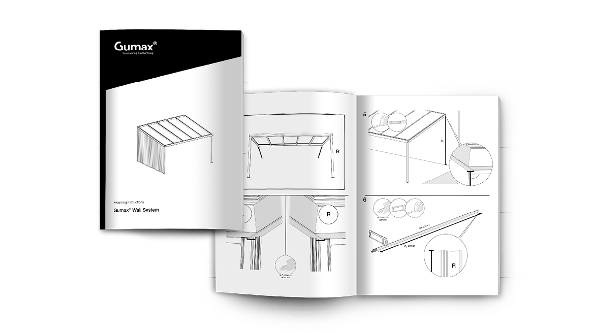 Gumax® aluminium zijwand – Montagehandleiding Gumax® montagehandleiding voor het Wall System, met technische illustraties en stap-voor-stap instructies voor installatie.
