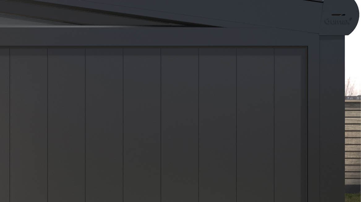 Gumax® aluminium zijwand – Stijlvol & stevig ontwerp Mat antraciet Gumax® aluminium zijwand met verticale panelen en rubberen strips voor stevige montage, waterafvoer en een moderne uitstraling.
