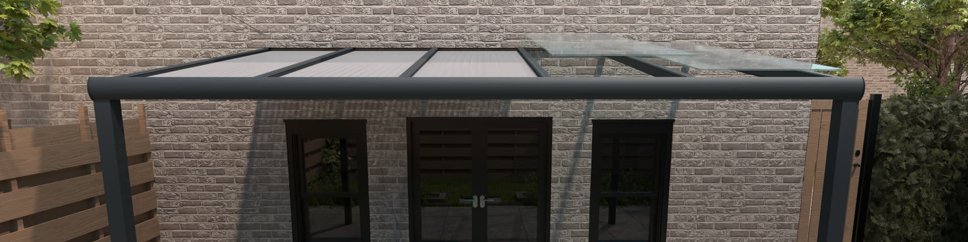 Vernieuw eenvoudig uw dak Moderne Gumax® terrasoverkapping met overgang van polycarbonaat naar glazen dakpanelen.
