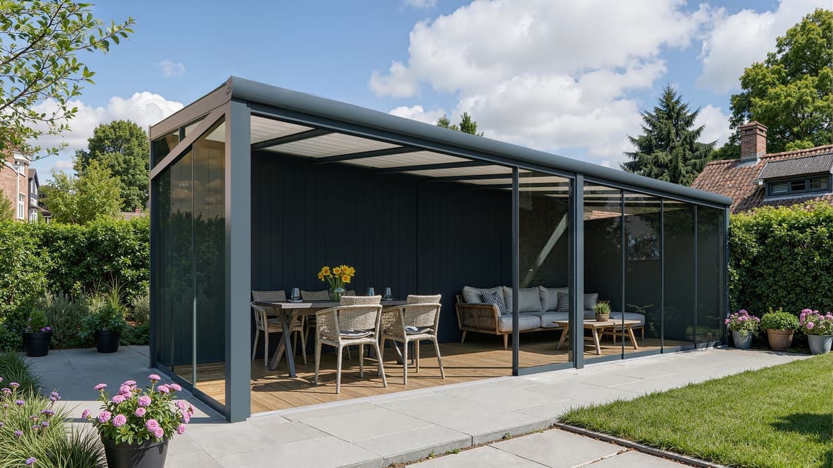 Vrijstaande aluminium overkapping met glazen schuifwanden in moderne tuin