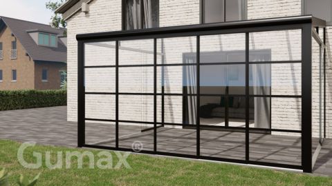 Steel Look glass sliding door 5-rail system matt black 4900mm wide with passage height of 2380mm – 2420mm