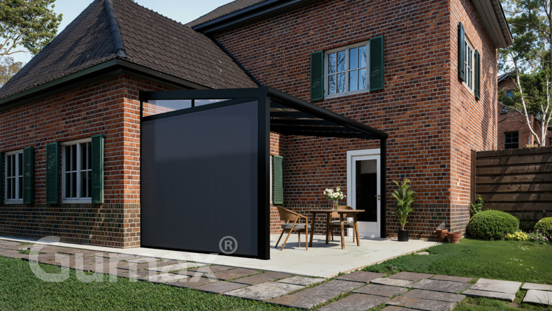 Aluminium Zijwand met antraciete panelen + glazen spie