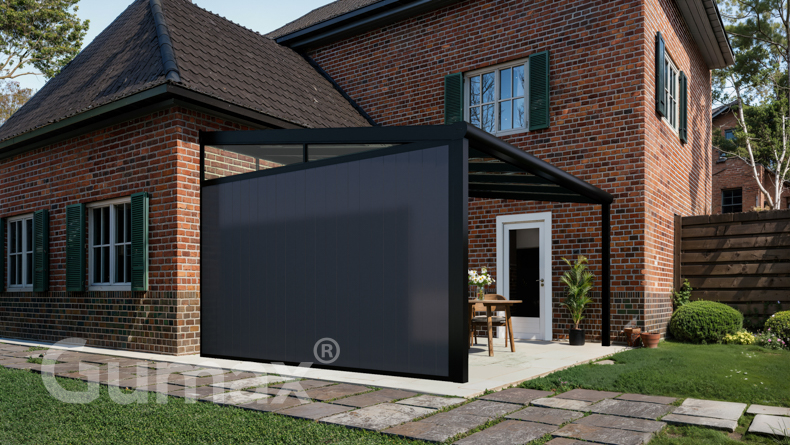 Aluminium Zijwand met antraciete panelen + glazen spie