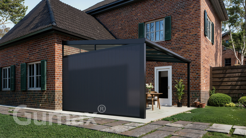 Aluminium Zijwand met antraciete panelen + glazen spie